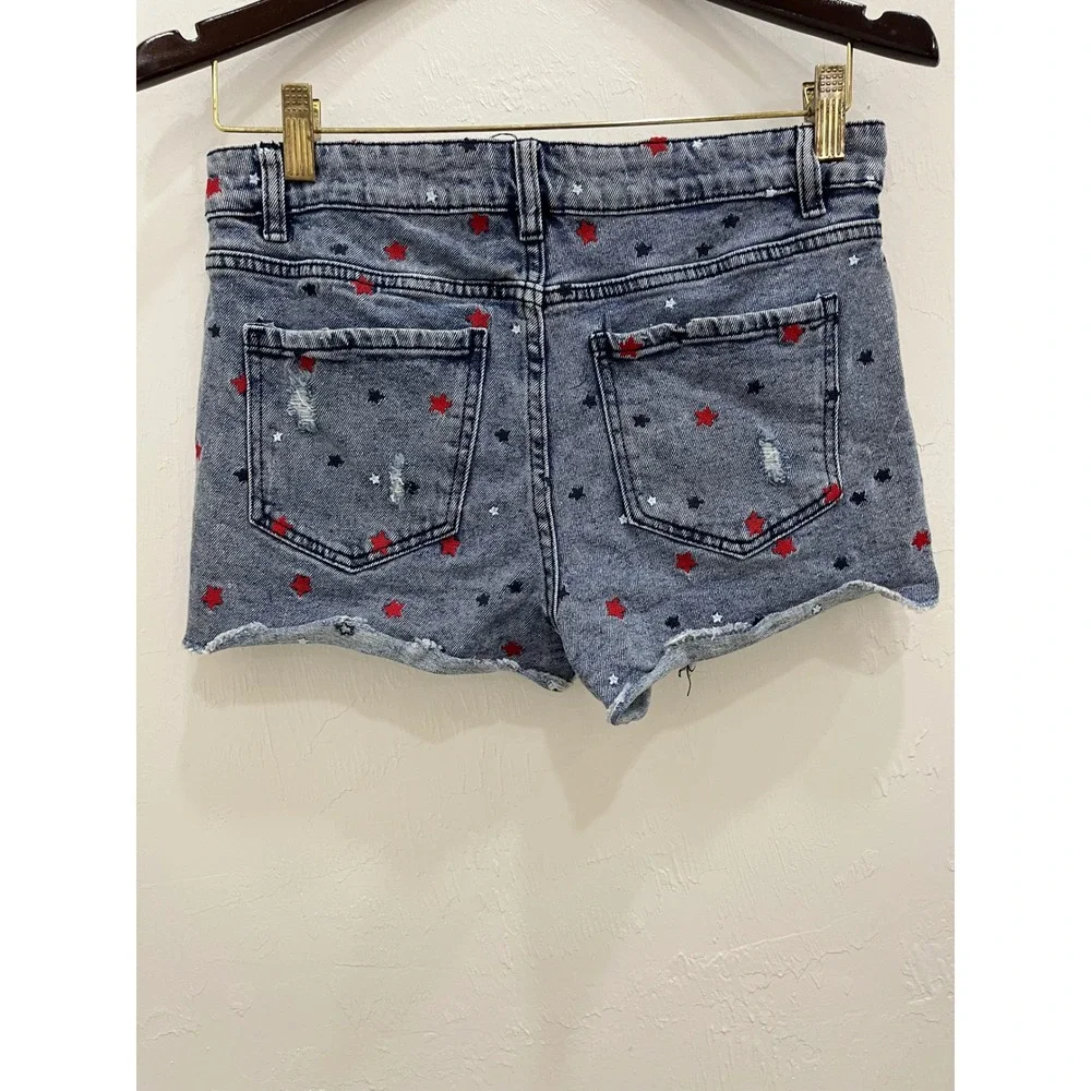 eXcuse Star Embroidered Distressed Denim Shorts Women 7/28W Blue Patriotic‎ Good
